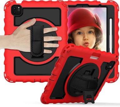 NIKCORP Robusna zaštitna maska za iPad Pro 11" (1/2/3 gen) s rotirajućim stalkom i naramenicom otporna na udarce, crvena